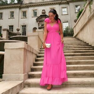 Pink Ruffled Lace-Up-Back Gown